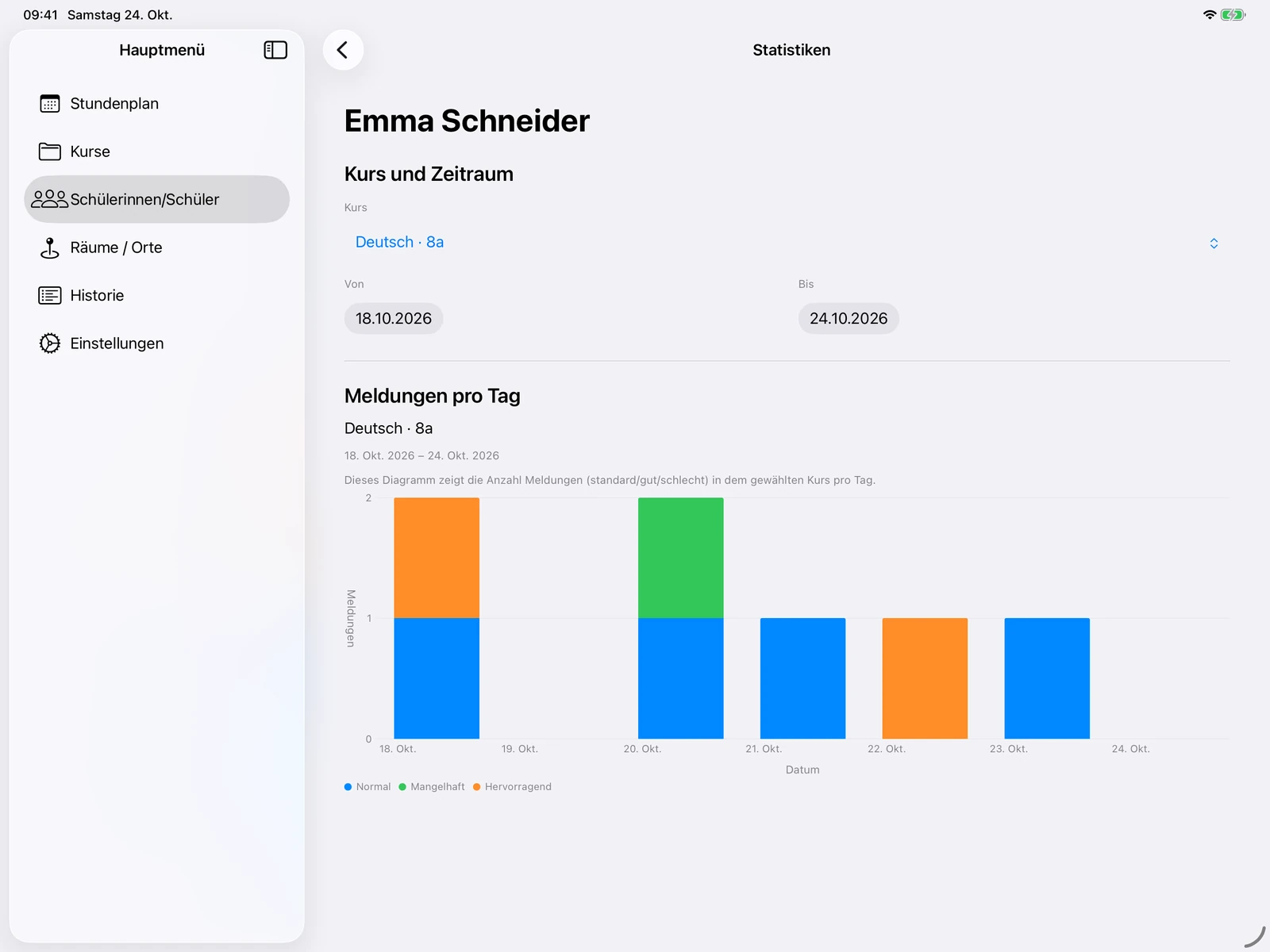 Schülerstatistiken mit Kursauswahl, Datumsfiltern und Meldungen pro Tag