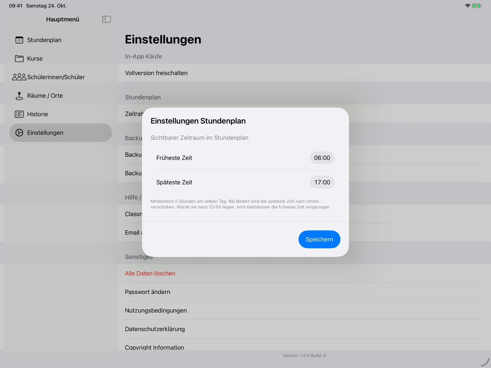 Stundenplaneinstellungen für früheste und späteste sichtbare Zeit