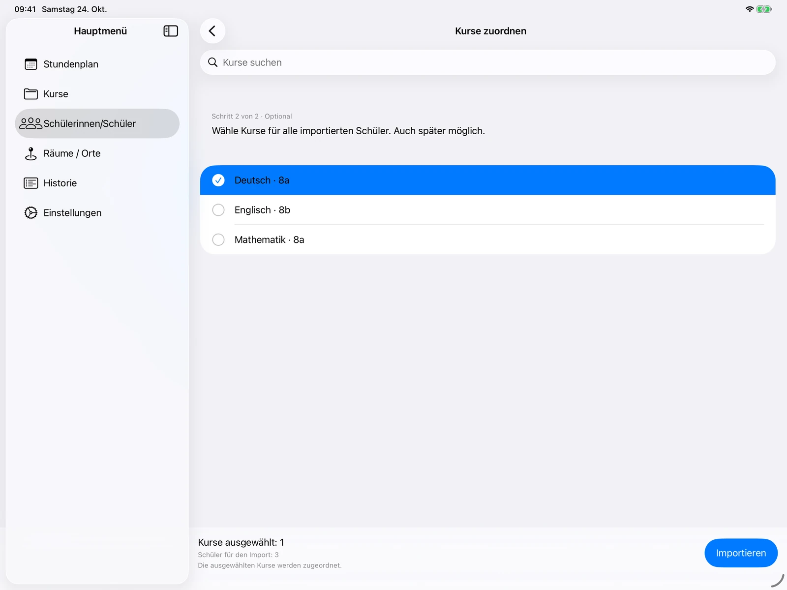 CSV-Import Schritt 2: optionale Kurszuordnung und Zusammenfassung vor dem Import